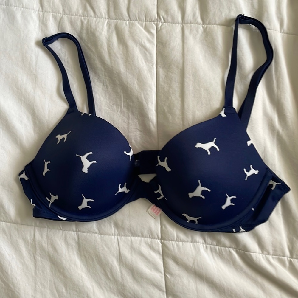 blue and white dog lightly lined bra